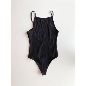Aritzia WILFRED Annecy Black Ribbed Square Neck Thong Bodysuit, Size M